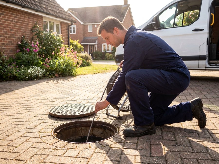 A drainage engineer in navy workwear feeding a rod into an open inspection chamber on a sunny driveway