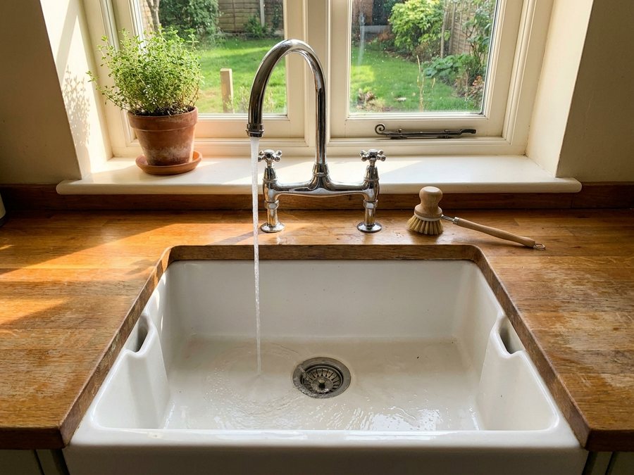 A bright clean UK kitchen sink with water draining freely
