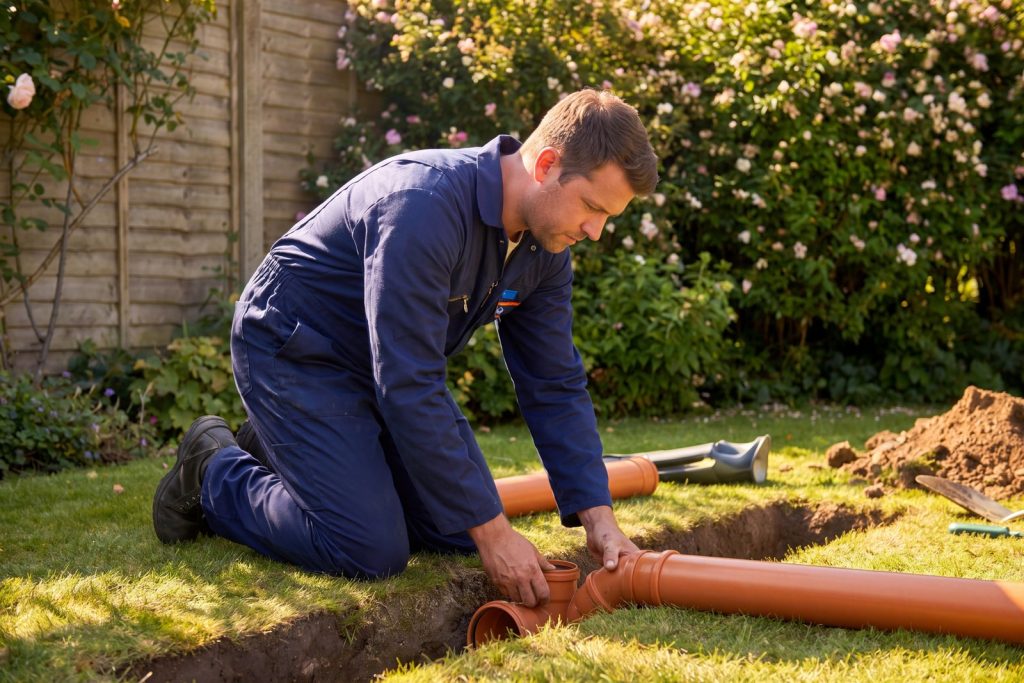Excavation exposing a collapsed drain pipe ready for repair