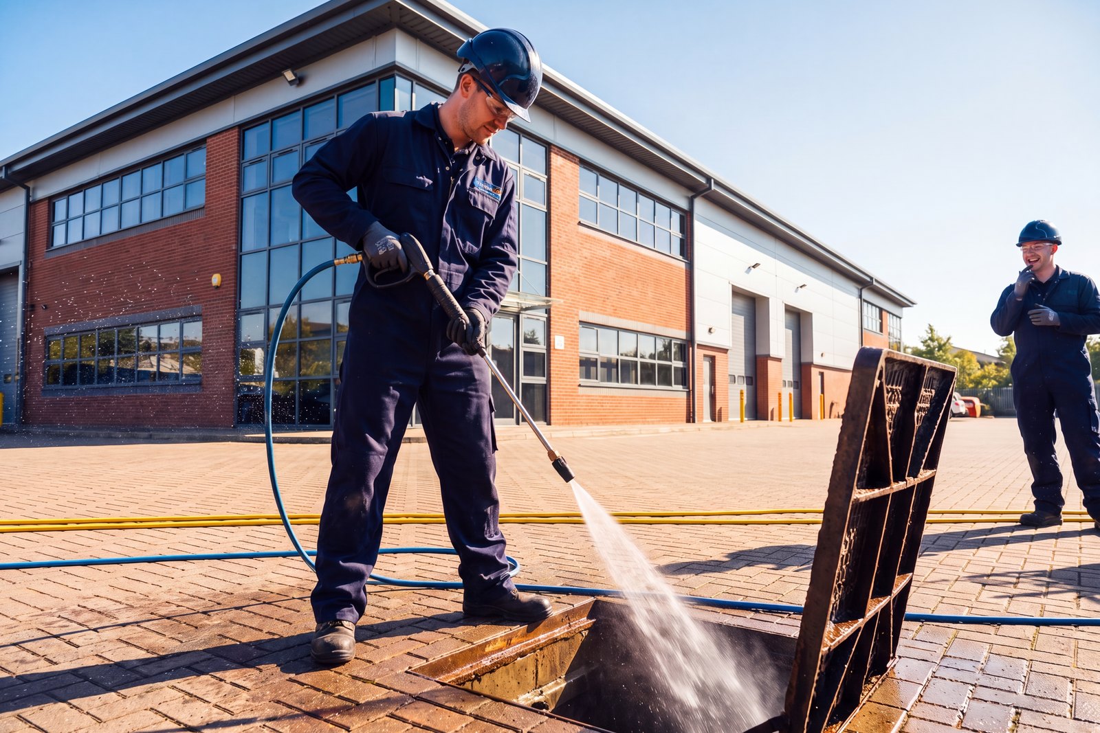 Engineer jetting a large drain in a commercial service yard