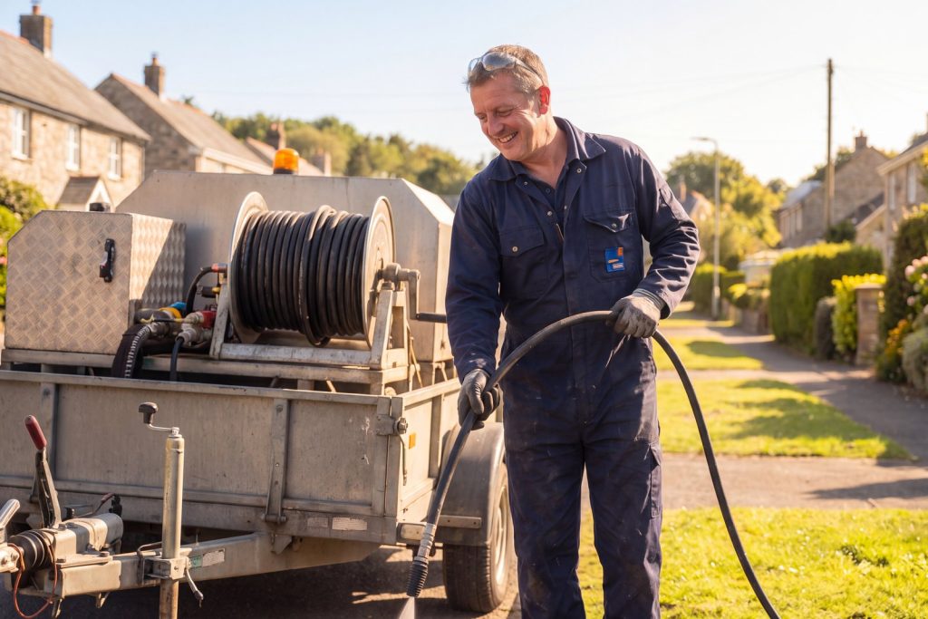 Drainage engineer clearing a blocked drain with high pressure jetting equipment, illustrating typical drain unblocking cost in the UK