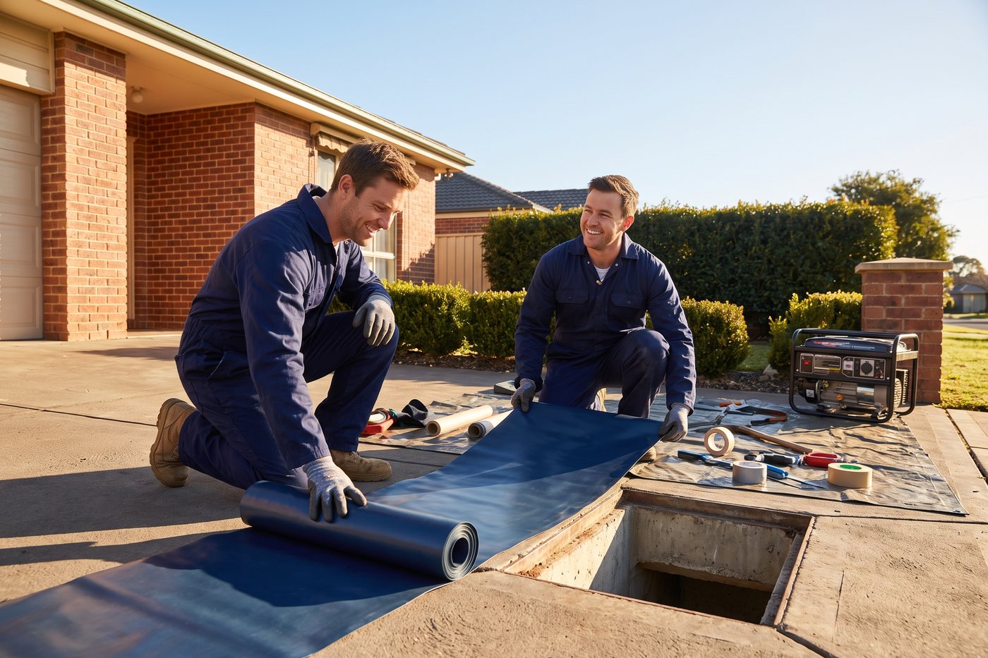 No-dig drain lining equipment laid out beside an open drain chamber