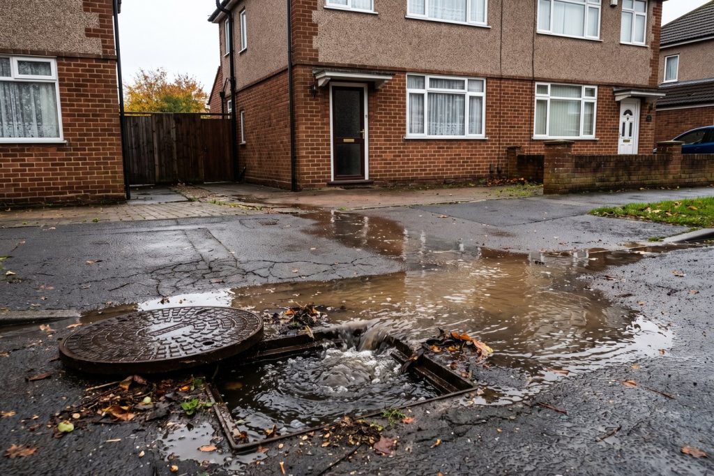 Before: A surcharging manhole spilling across a driveway
