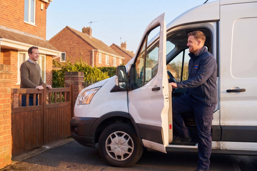 Emergency drainage engineer arriving at night for a blocked toilet that is an emergency