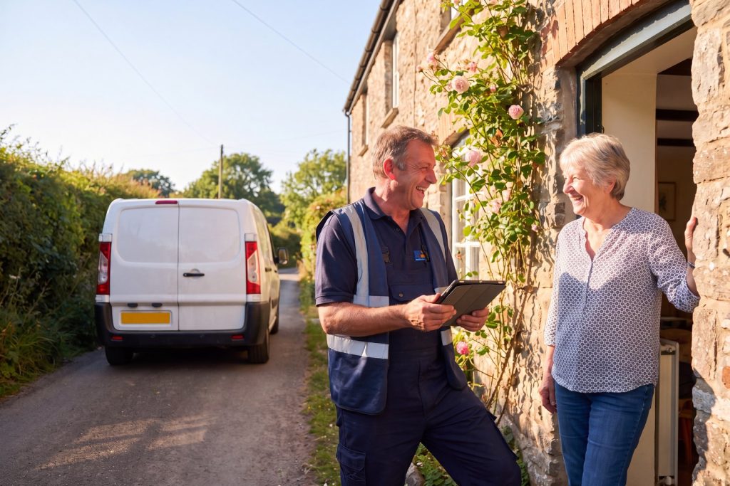 Drainage engineer discussing a blocked drain health concern with a customer at their door before starting work